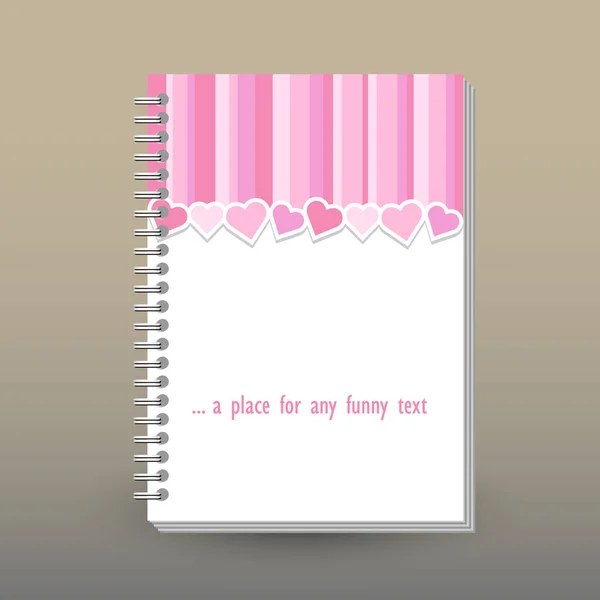 带环形螺旋粘结剂的日记本或笔记本的矢量封面. 格式 A5. 布局小册子概念. 带心线的可爱粉色条纹. 剪贴簿图案 — 图库矢量图片