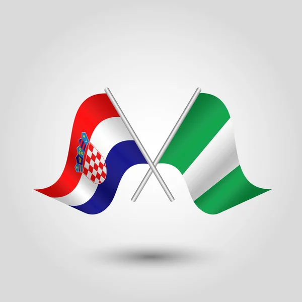 Vector two crossed croatian and nigerian flags on silver sticks - symbol of croatia and nigeria — Stock Vector