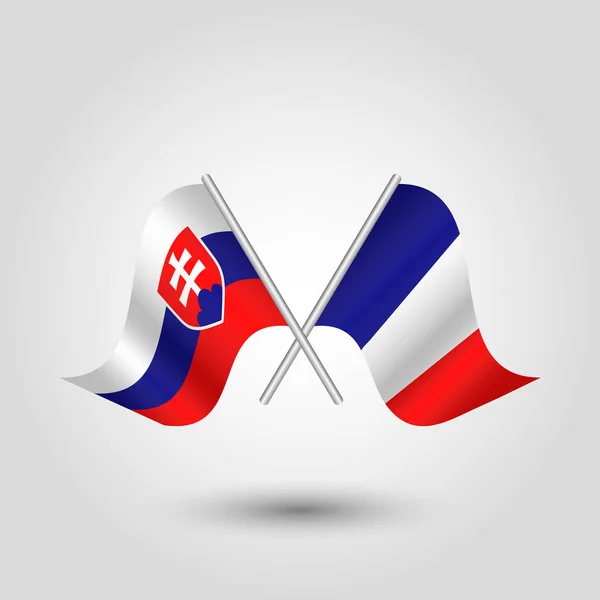 Vector dos banderas eslovacas y francesas cruzadas en palos de plata - símbolo de Eslovaquia y Francia — Archivo Imágenes Vectoriales