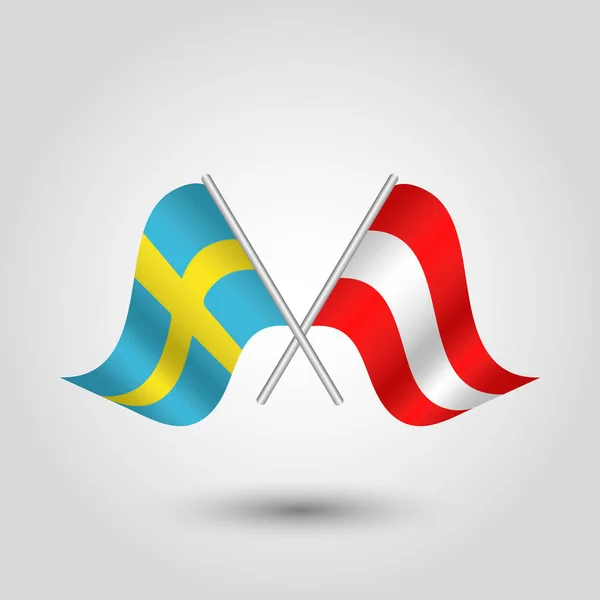 Vetor duas bandeiras suecas e austríacas cruzadas em varas de prata - símbolo da Suécia e Áustria —  Vetores de Stock