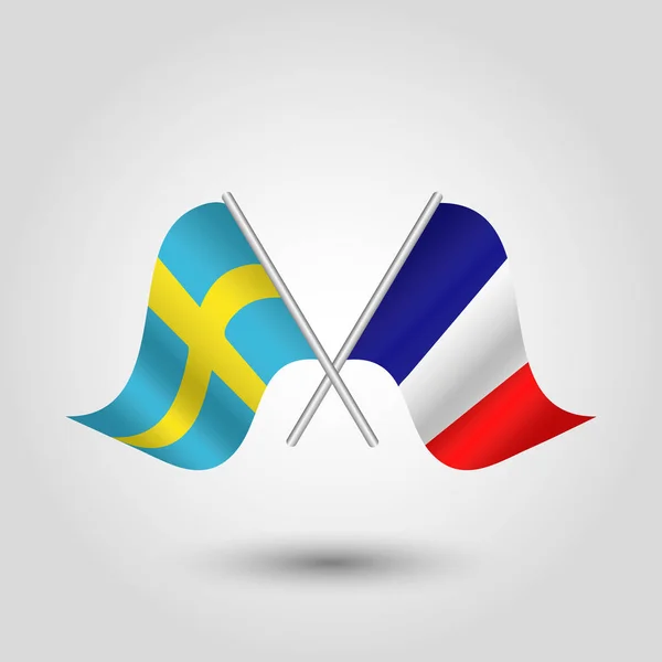 Vector två korsade svenska och franska flaggor på silver pinnar - symbol för Sverige och Frankrike — Stock vektor