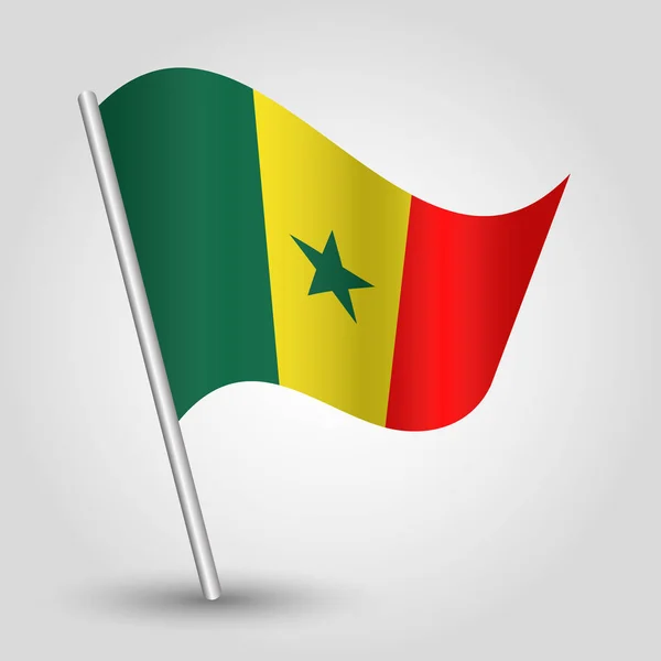Vettore sventolando semplice bandiera senegalese triangolo su palo d'argento inclinato - icona del Senegal con bastone di metallo — Vettoriale Stock