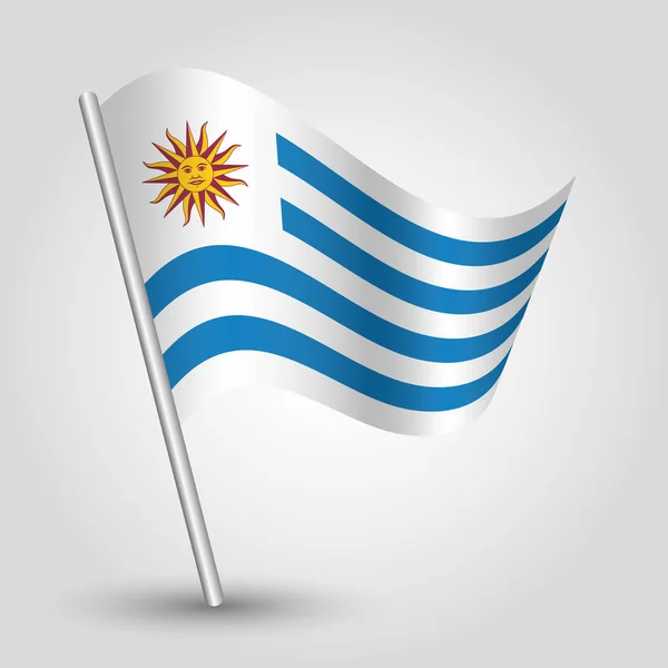 Вектор размахивания простым треугольником уругвайским флагом на наклонном серебряном полюсе - икона уругвая с металлической палкой — стоковый вектор
