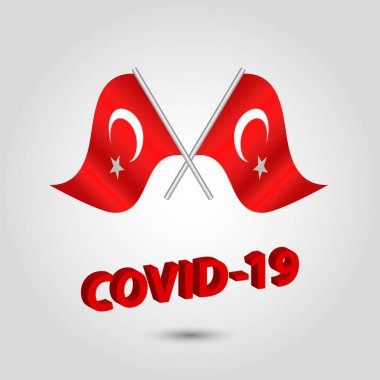 Vektör gümüş direkte iki çapraz hindi bayrağı sallıyor - Türk ikonu kırmızı 3d metin başlığı coronavirus covid-19