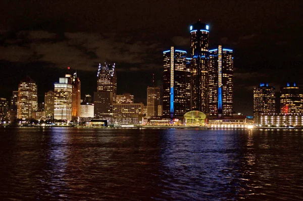 Detroit Panoramic Night Shot Tomada Desde Canadá Través Del Río — Foto de Stock