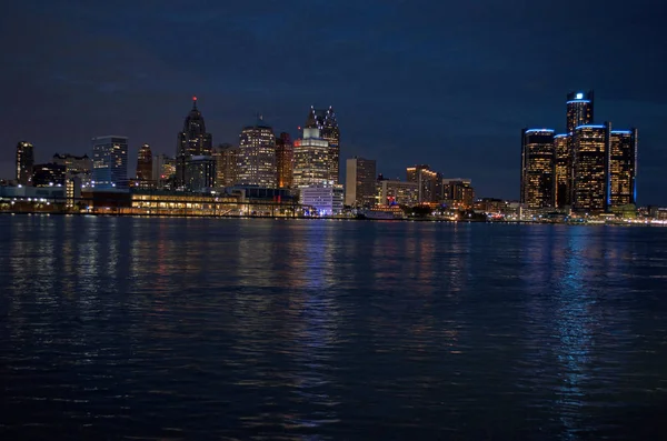 Detroit Panoramic Night Shot Tomada Desde Canadá Través Del Río — Foto de Stock