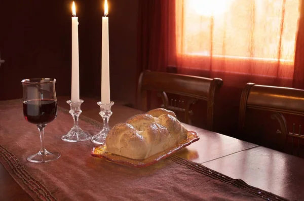 Shabbat Meal Includes Challah Braided Egg Bread Glass Red Wine — Stock Photo, Image