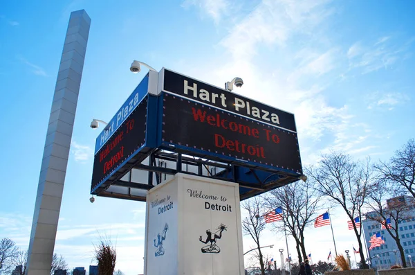 Detroit Enero 2018 Hart Plaza Marque Hart Plaza Leyendo Bienvenido — Foto de Stock