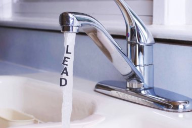 Lead being depicted in drinking water with lettering that runs in the stream of leaded water coming from the faucet, it's city drinking water clipart