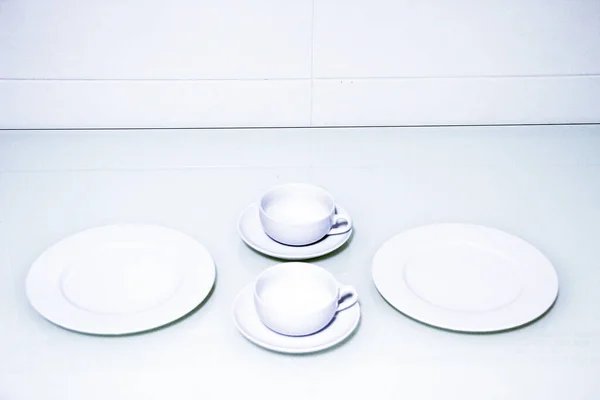Mesa Branca Pronta Para Café Manhã — Fotografia de Stock