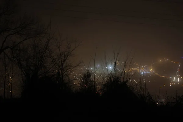 Brouillard Dans Une Route Nuit — Photo