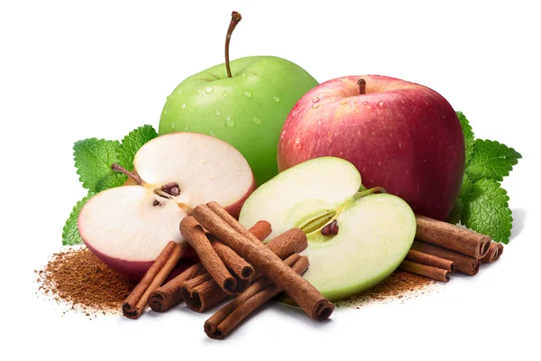 Melissa, red and green apples with cinnamon, paths — Stock Photo, Image