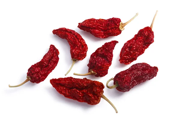 Gedroogde Bhut Jolokia-ghost chiles, paden, bovenaanzicht — Stockfoto