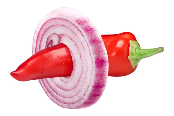 Papirka chile pepper stuck into onion slice, paths — Stock Photo, Image