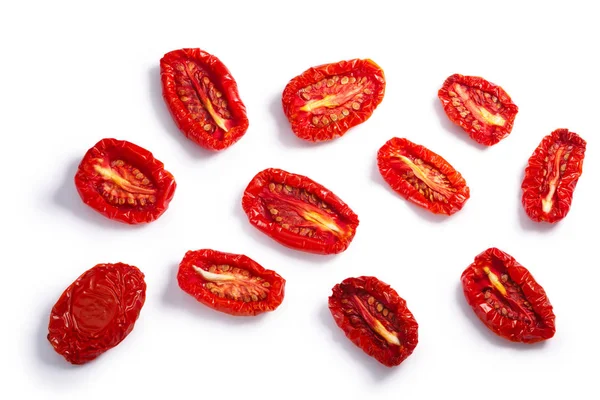 Mitades de tomate sin secar, caminos, vista superior — Foto de Stock