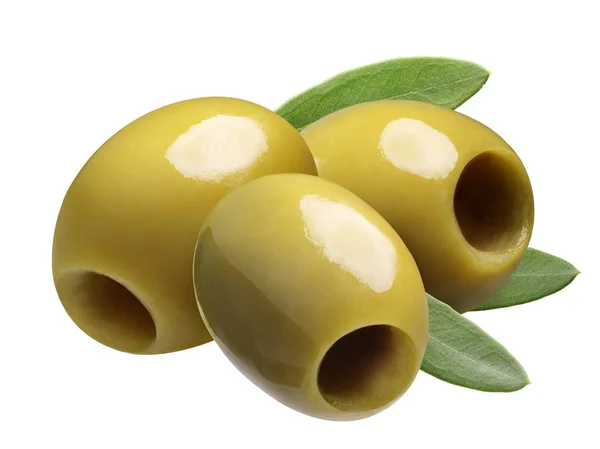 Green pitted olives, paths — Stock Photo, Image