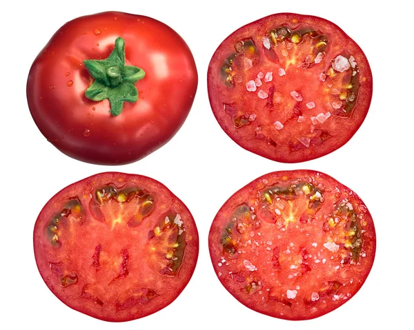 Marglobe tomates entières en tranches salées, dessus, chemins — Photo