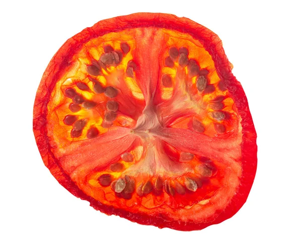 Rebanada Viruta Tomate Fina Seca Seca Aislada Vista Superior —  Fotos de Stock