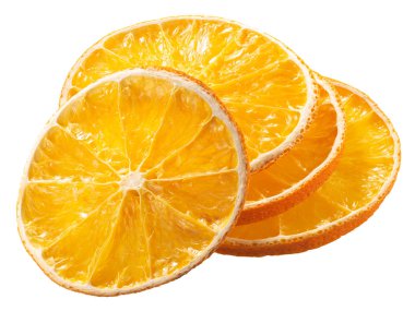 Portakal cipsi, kurutulmuş ince dilimler Citrus x sinensis meyvesi, izole edilmiş.