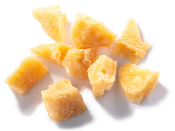 Parmesan Pieces Roughly Broken Chunks Isolated Top View — Stock Photo, Image