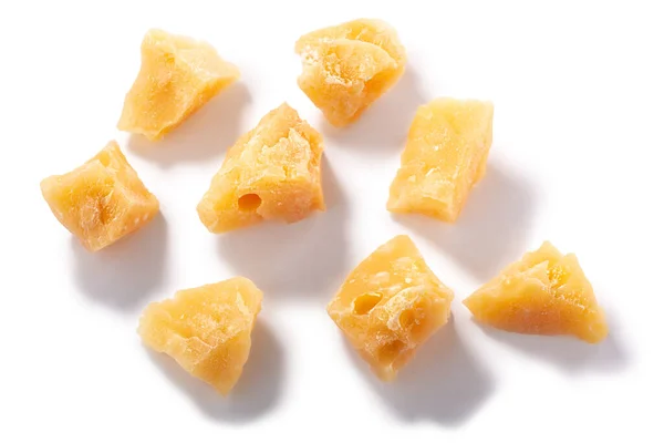 Parmesan Pieces Roughly Broken Chunks Isolated Top View — Stock Photo, Image