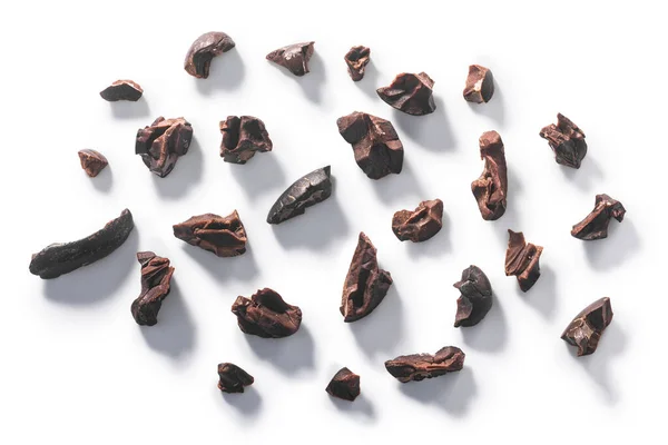 Cacao Nibs Pieces Broken Cocoa Beans Isolated Top View — Stock Photo, Image