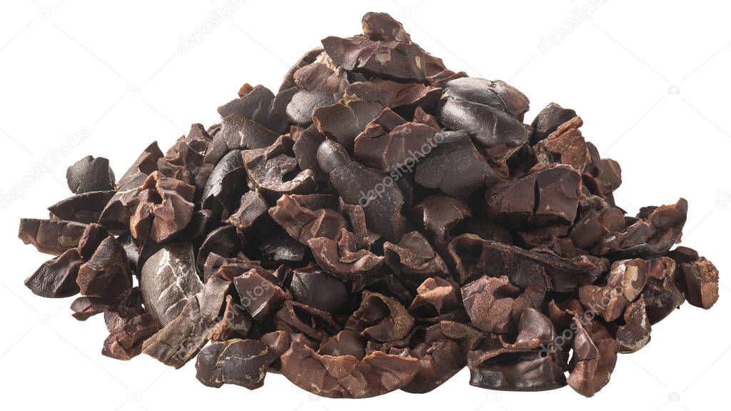 Cacao nibs, a pieces of broken cocoa beans isolated, pile of