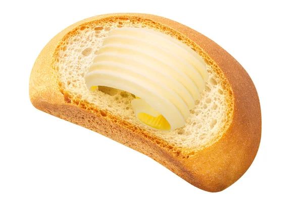 Хлеб Ломтик Багета Загнутым Маслом Вершине Изолированный Вид Сверху — стоковое фото