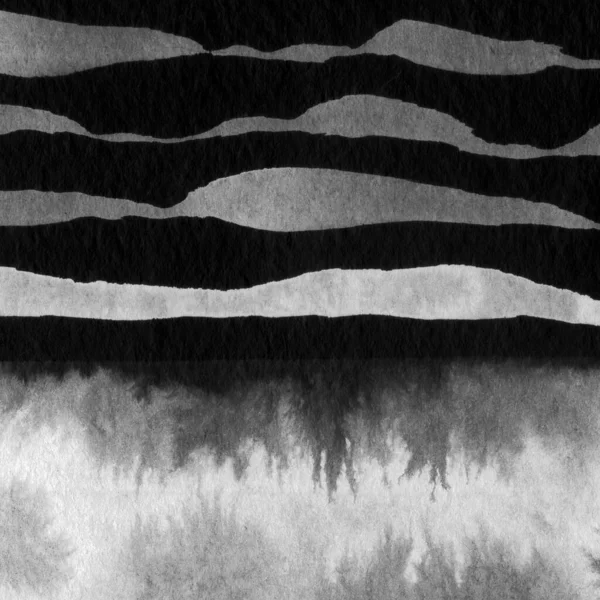 Abstract landscape ink hand drawn illustration. Black and white ink winter landscape with river. Minimalistic hand drawn