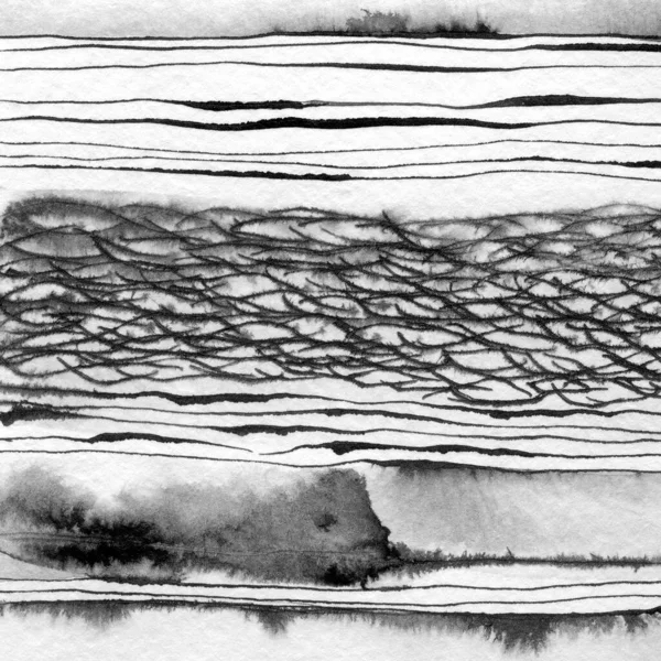 Abstract landscape ink hand drawn illustration. Black and white ink winter landscape with river. Minimalistic hand drawn