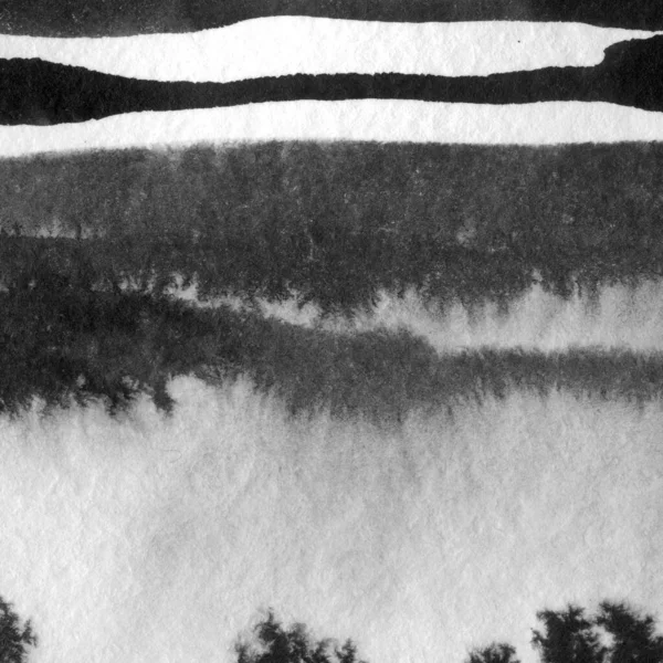 Abstract landscape ink hand drawn illustration. Black and white ink winter landscape with river. Minimalistic hand drawn