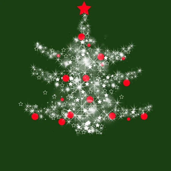Noel 'deyiz! Beyaz parıldayan yıldızlar ve kırmızı süslemelerden yapılmış Noel ağacıyla yeşil arkaplan.