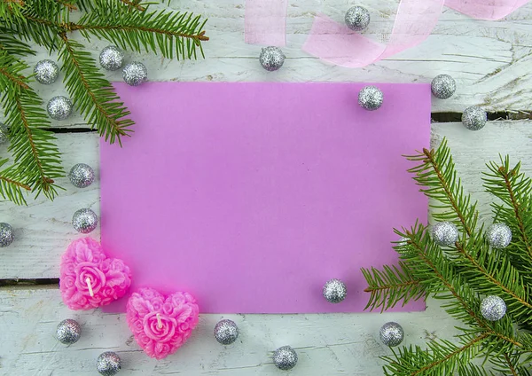 Time Holiday Festive Blank Pink Greeting Card White Wooden Background — 스톡 사진