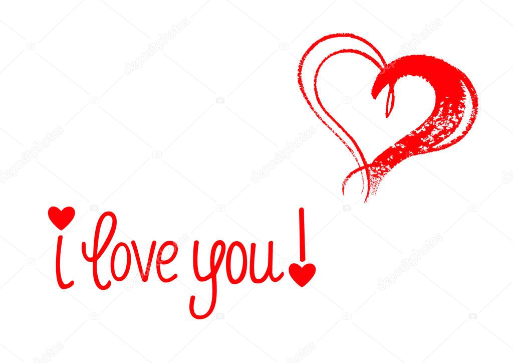 Valentine`s day concept background. Red valentine hearts and I love you text on white background isolated.