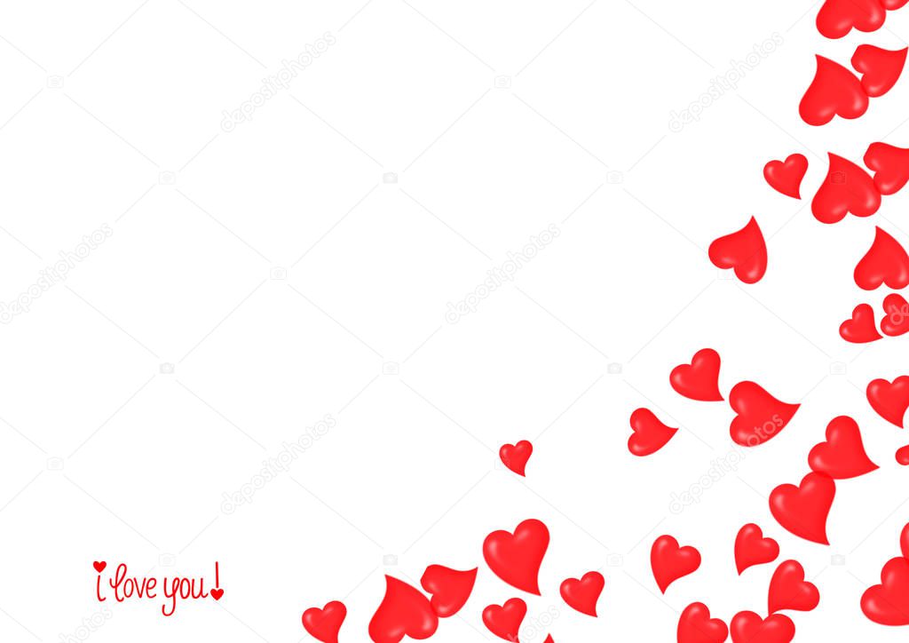Valentine`s day concept background. Red valentine hearts and I love you text on white background isolated.