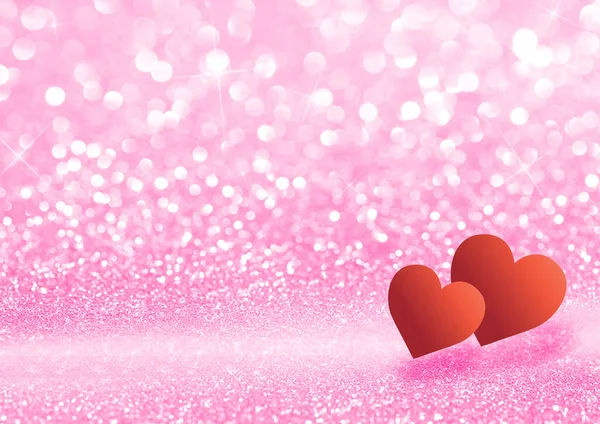 キラキラ輝く輝きと2つの赤い心を持つピンクの質感の背景 祭りの輝きの背景 — ストック写真