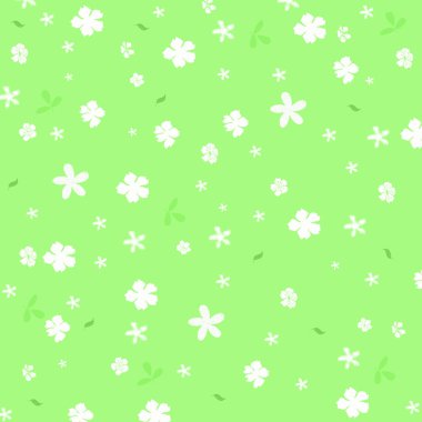 Tekrarlayan beyaz çiçekler ve yeşil yapraklar, çeşitli boyutlarda ve hafif yeşil arka planda. Dişi çiçeklerin dikişsiz deseni. Görüntü.