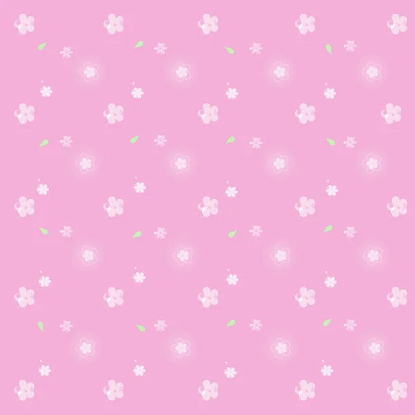 白い花や緑の葉を繰り返し 柔らかいピンクの背景に様々なサイズ 女性の花のシームレスなパターン イラスト — ストック写真