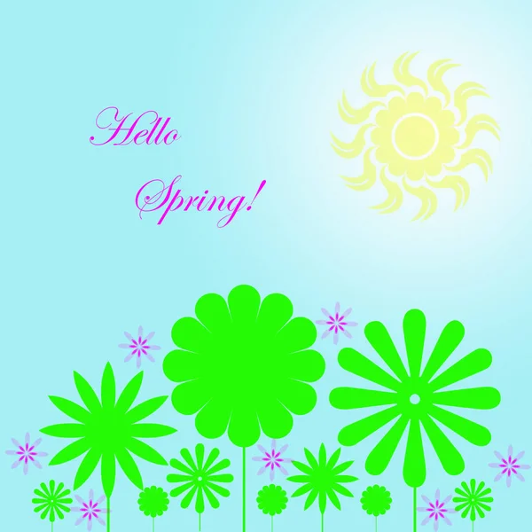 Spring Time Spring Greetings Blue Background Yellow Sun Green Trees — Stock Photo, Image