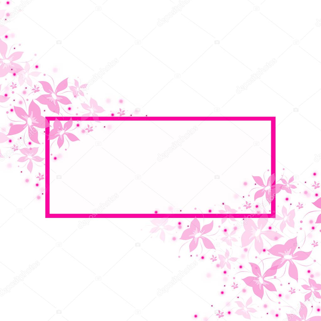 It's spring time! Blank card with pink frame and pink flowers on white background. Illustration.