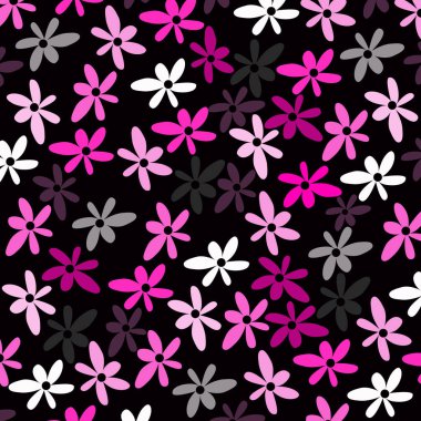 Çiçeksiz desen. Tekrarlayan küçük çiçekli bir kadın parmak izi. Beyaz, gri, pembe, siyah arka planda mor. Görüntü.