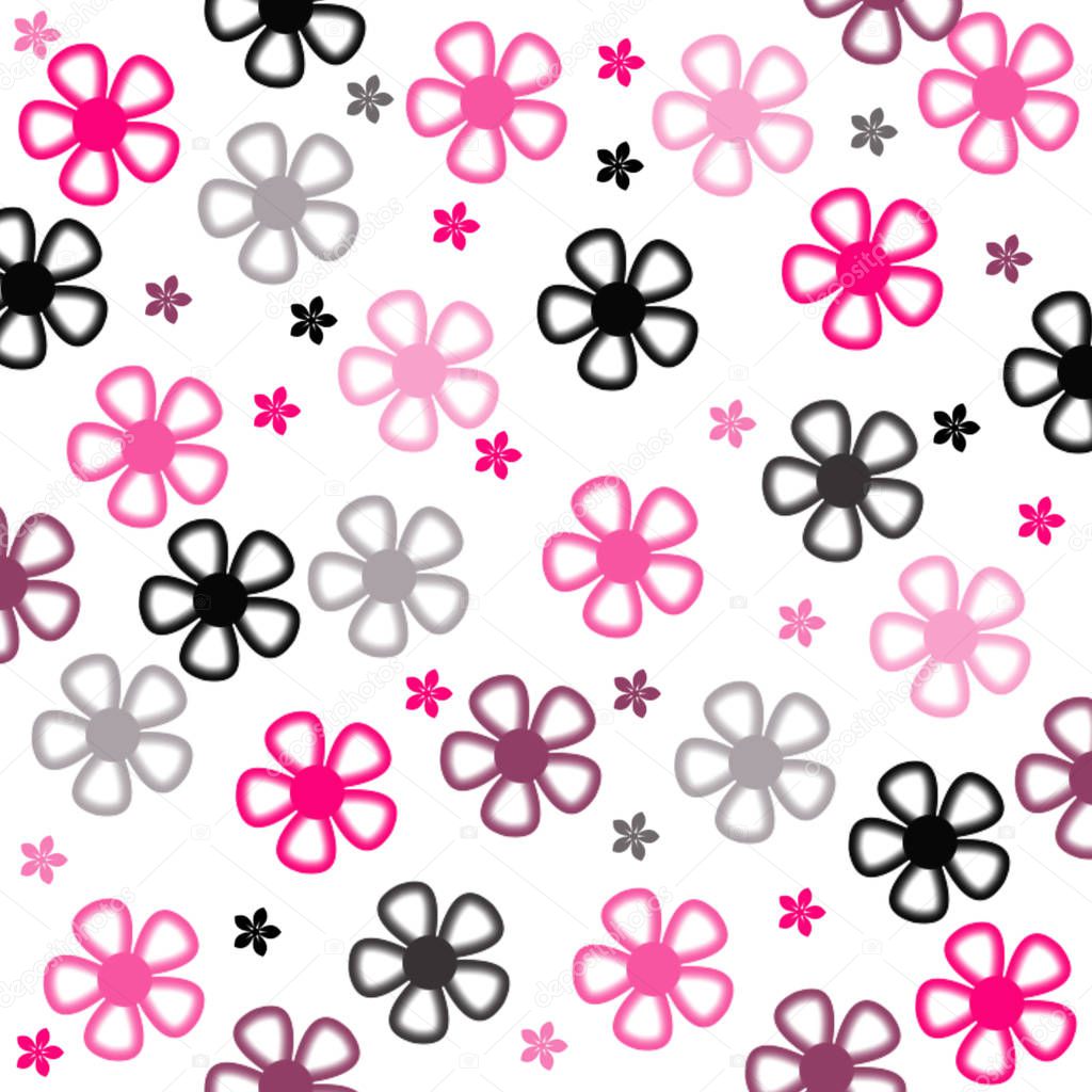 Floral seamless pattern. Female print with repeating small flowers. Black, gray, pink, purple on white background. Illustration.