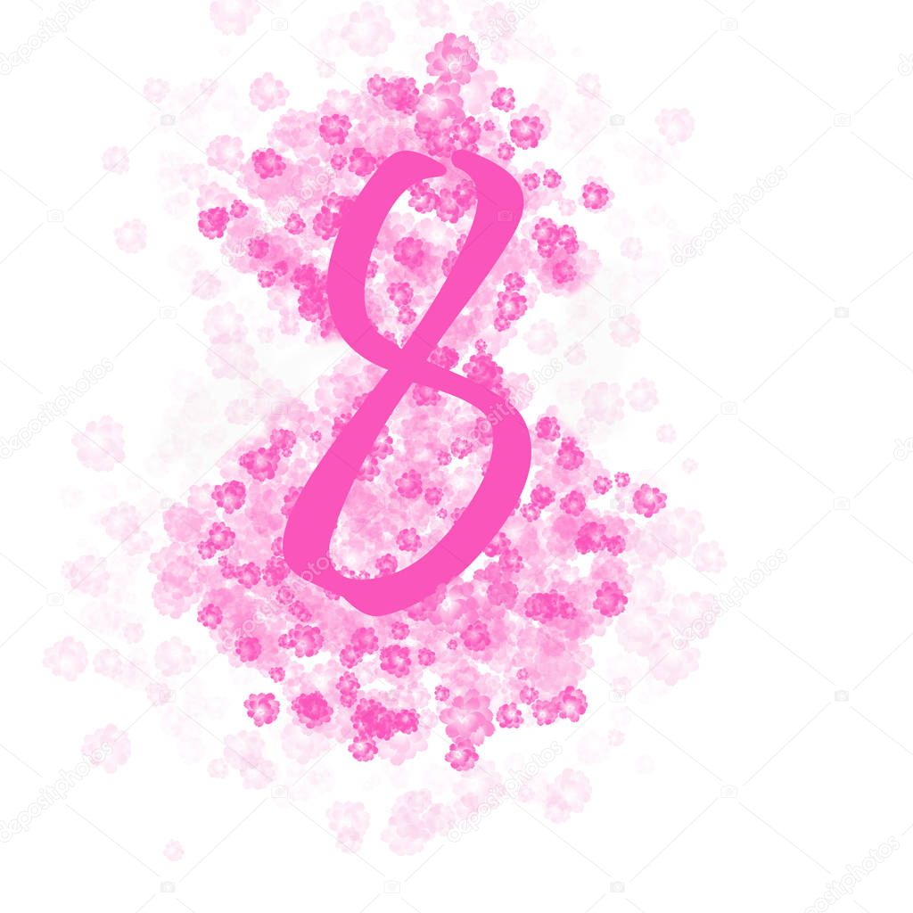 March 8 greeting card for Women Day. Pink eight on a white background with pink small flowers and a bokeh effect.