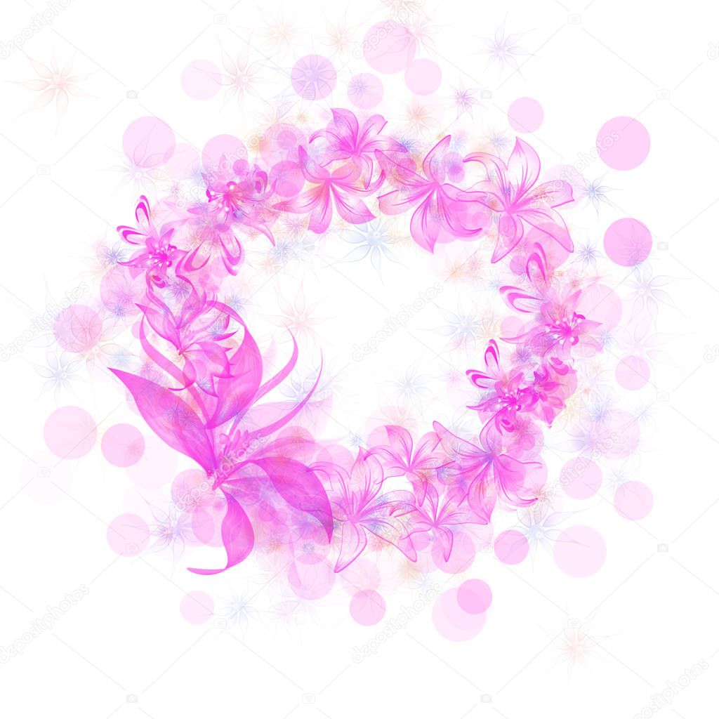 It's spring time! A wreath of purple tiny flowers on a white background. Illustration.