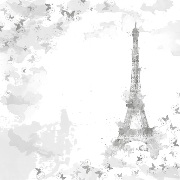 Torre Eiffel Paris Ilustração Preto Branco Cores Água Paris Borboletas Imagens Royalty-Free