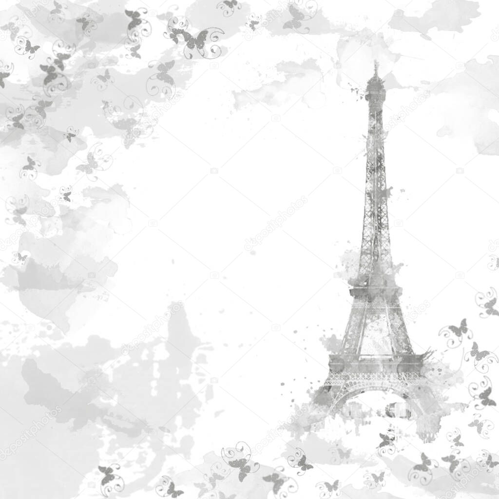 Eiffel Tower, Paris. Black and white illustration.Water colors, Paris and butterflies.
