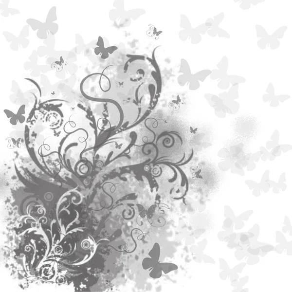 Black White Illustration Grass Flowers Butterflies — Stock Photo, Image