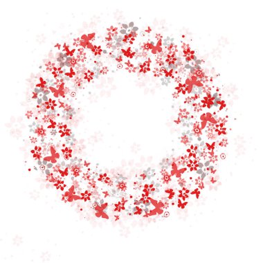 Bahar geldi! Beyaz arka planda kırmızı ve gri küçük çiçekler ve kelebekler. Görüntü.