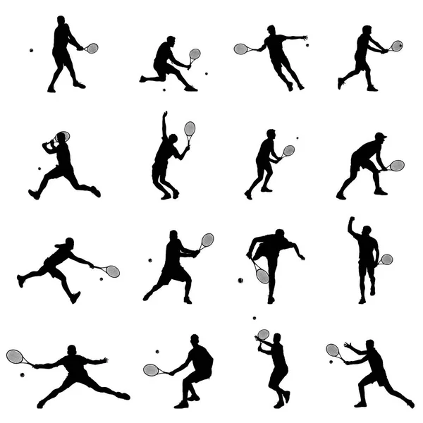 Teniszező készlet tizenhat férfiak illusztráció vektor fekete sziluettek Jogdíjmentes Stock Vektorok