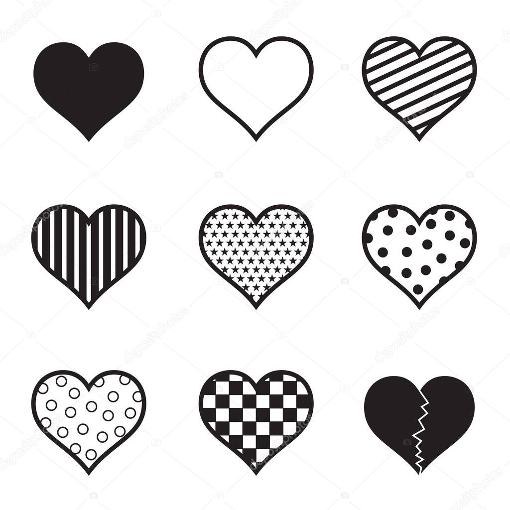 Hearts Icon Set Black Silhouette Vector Illustration